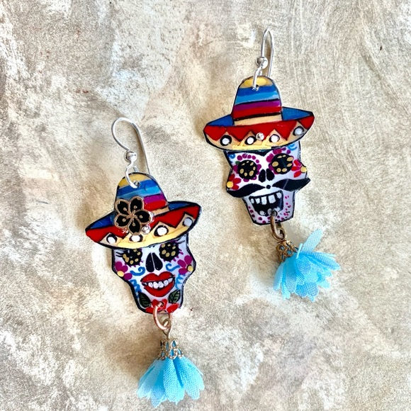Day Of The Dead handpainted earrings Halloween One of a Kind! Sterling wires - Picture 2 of 3